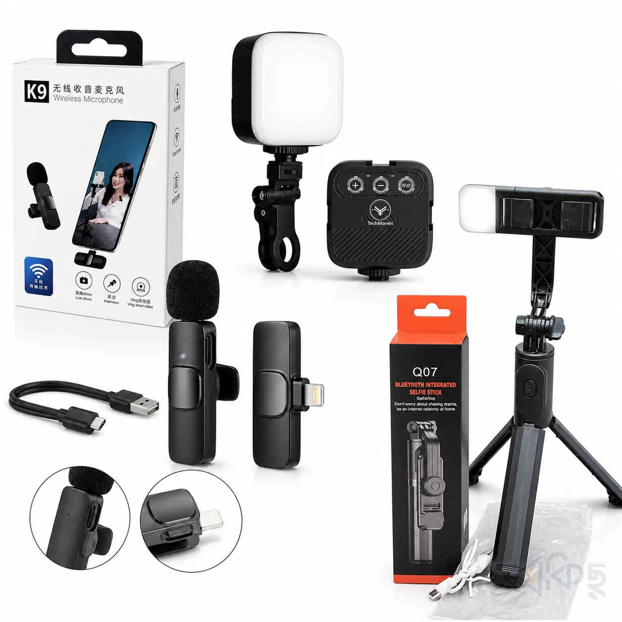 K9 Wireless Microphone Q07 Bluetooth Selfie Stick Tripod LED Video Light